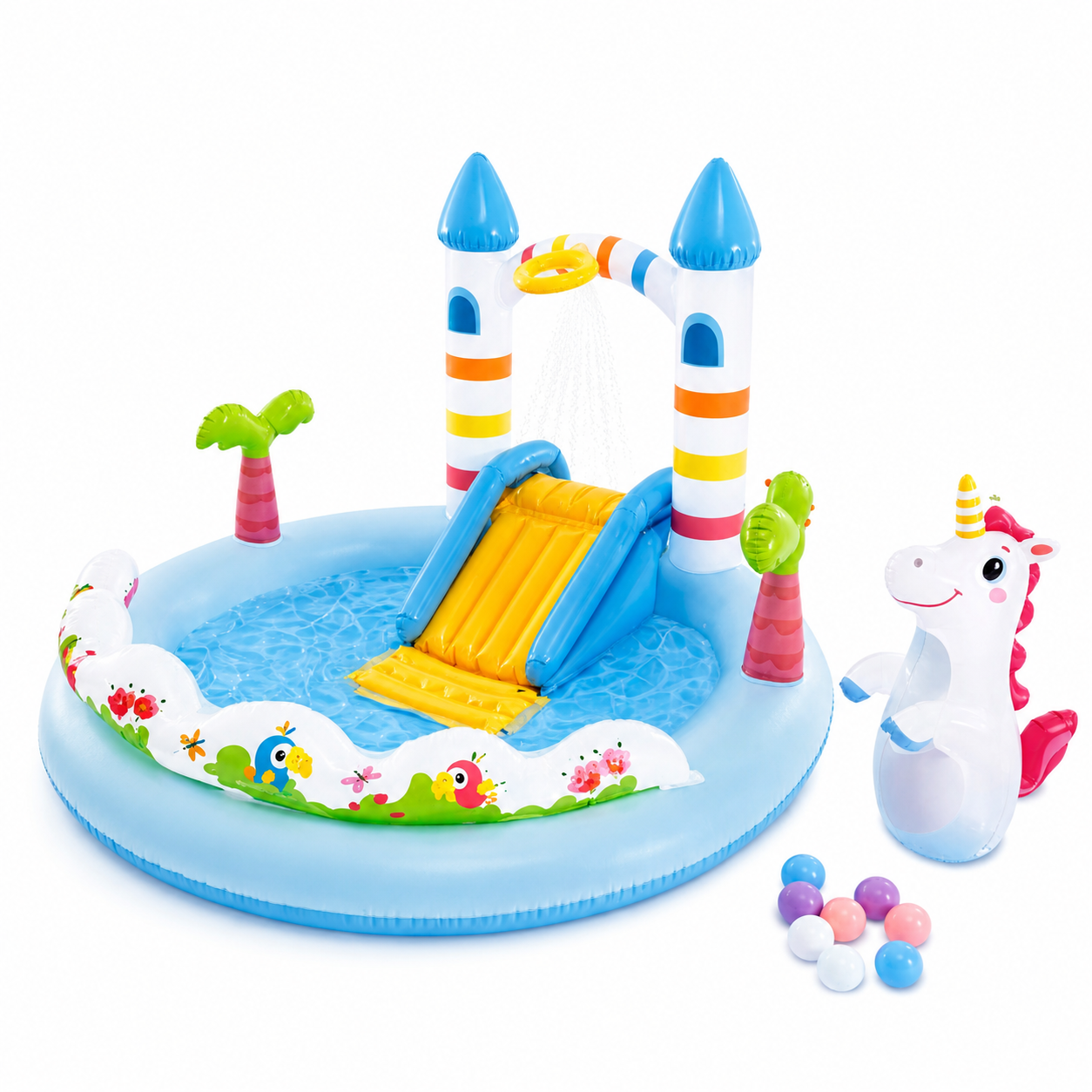 Château aquatique avec licorne et toboggan, arroseur automatique, 196 x 178 x 127 cm, Intex 56148NP